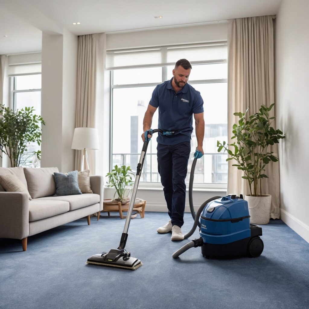 Professional cleaner performing carpet and floor cleaning in a modern London apartment, using a compact vacuum and microfiber tools.