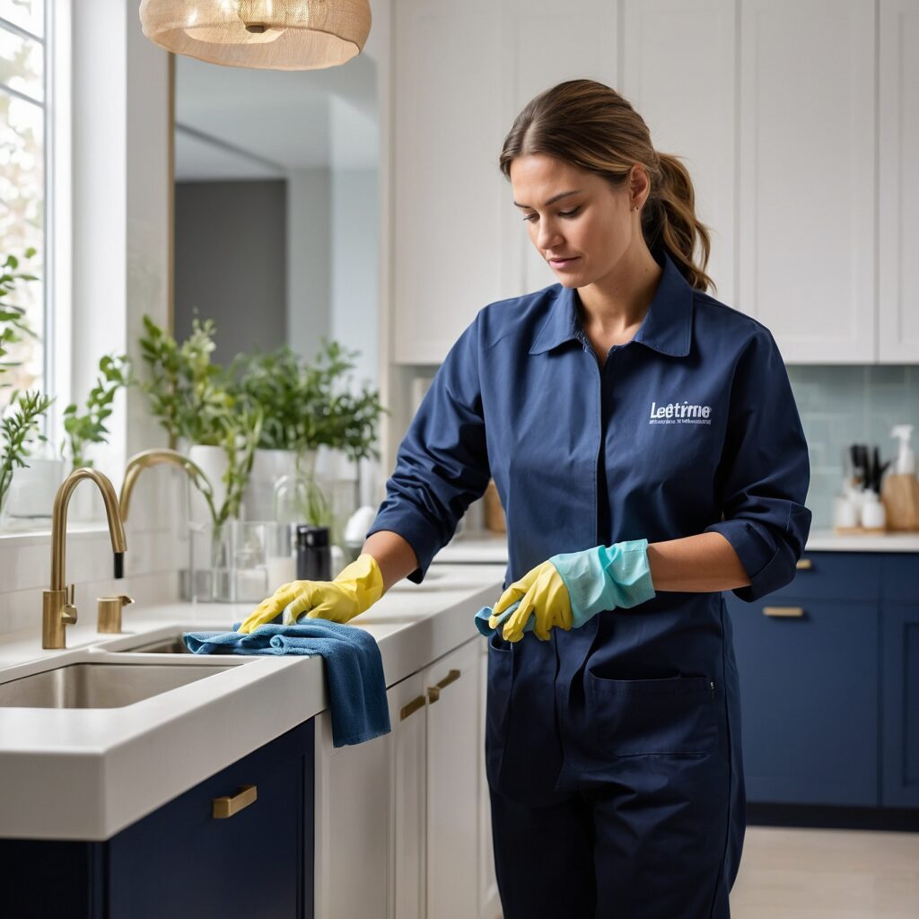“Professional deep cleaning in a modern London rental flat — technician sanitising kitchen surfaces with premium tools, bright natural light, clean minimalist interior.”