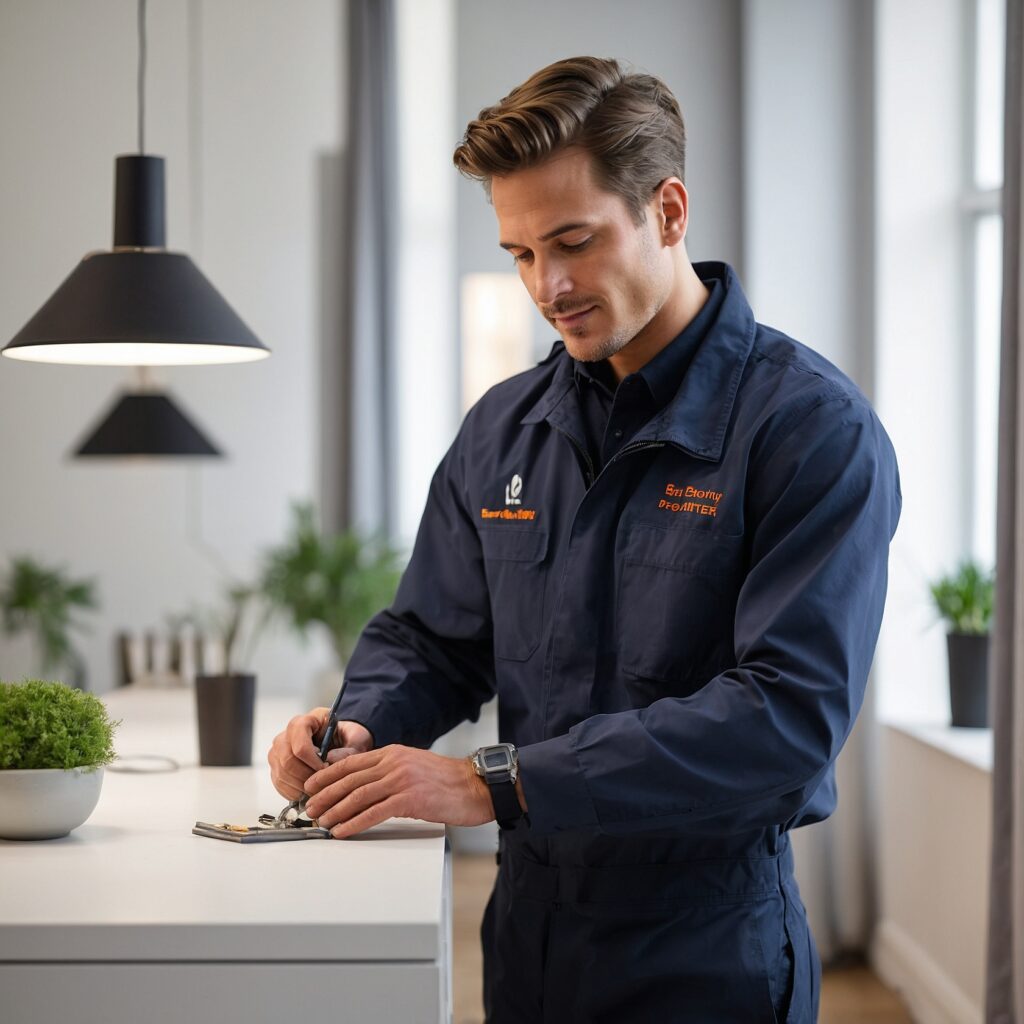 Professional property technician performing a small emergency repair inside a modern London apartment.