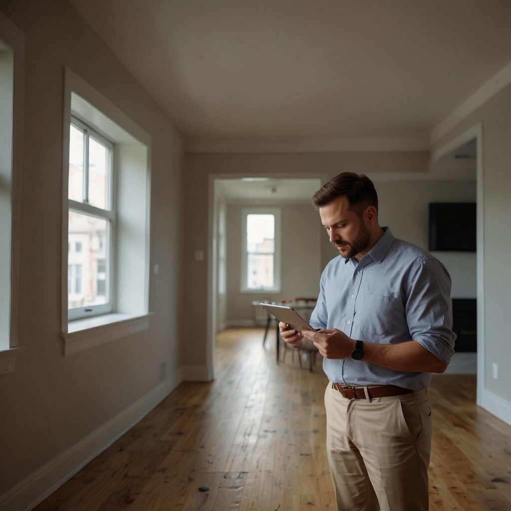 Property inspection clipboard placed inside a bright modern London apartment — clean, empty room prepared for assessment.