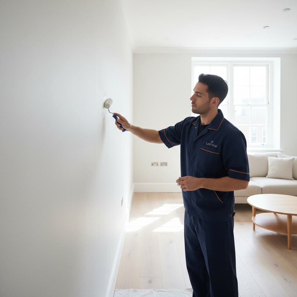 LetPrime technician performing a precise painting touch-up inside a bright modern London apartment.