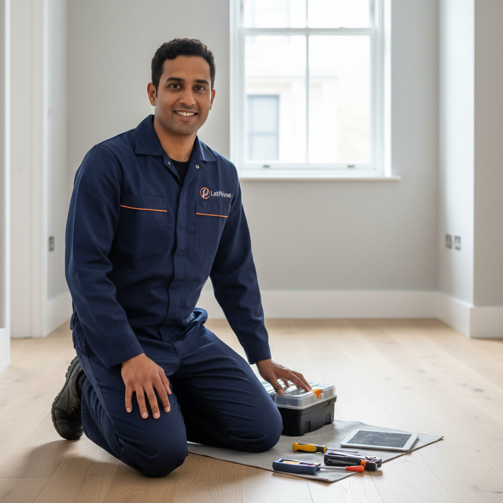 LetPrime technician kneeling in a modern London flat with tools, smiling during a professional property turnaround service.